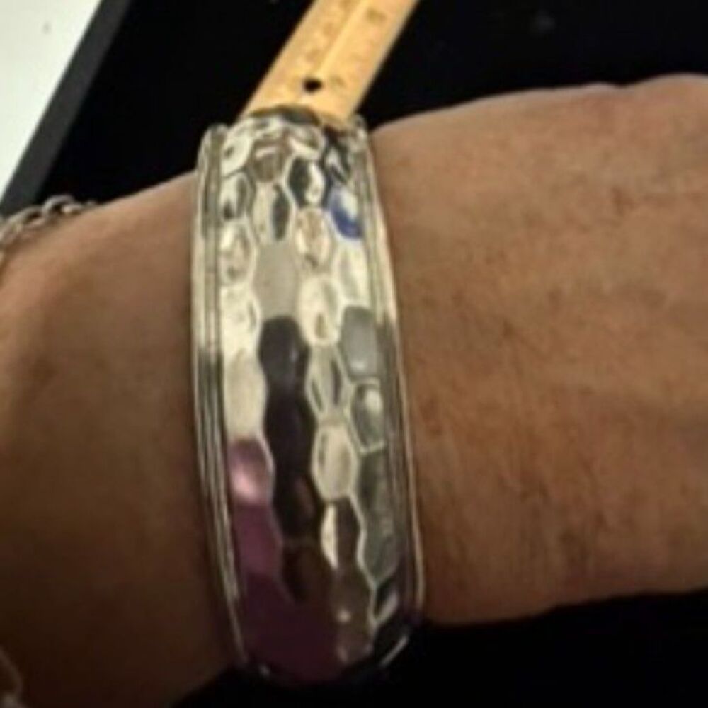 Wide Silver Hammered cuff bracelet with textured  honeycomb pattern